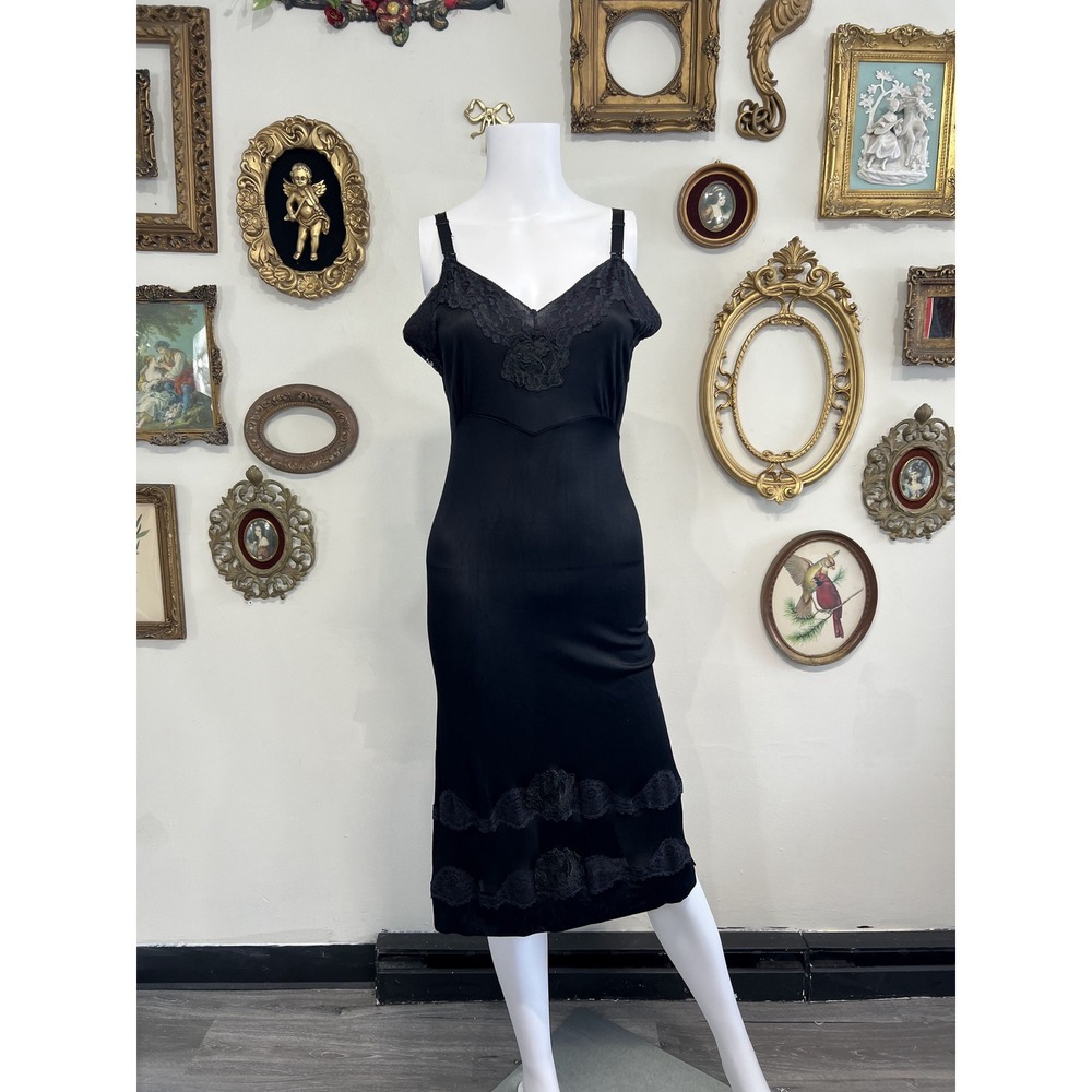 Vintage Black Satin Slip Dress Lace Trim Midi Slip Whimsigoth Goth Size S